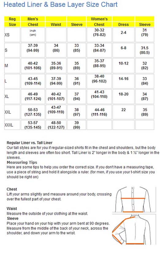 Heated jacket liner sizing chart | ProCycle.us