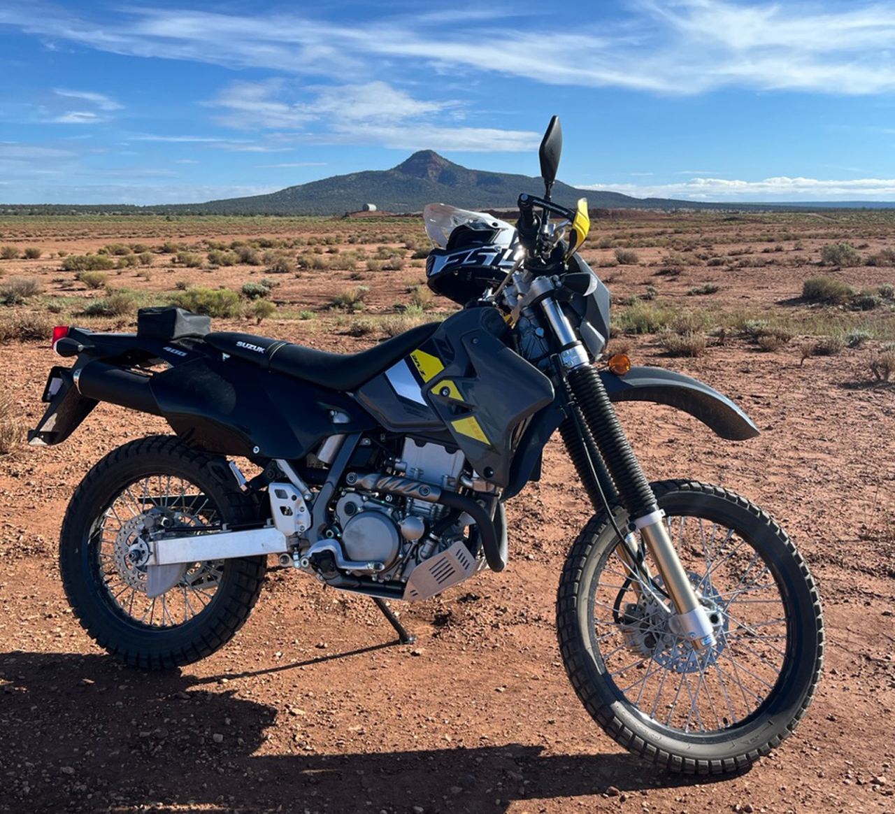 DRZ400 desert road mountain scene