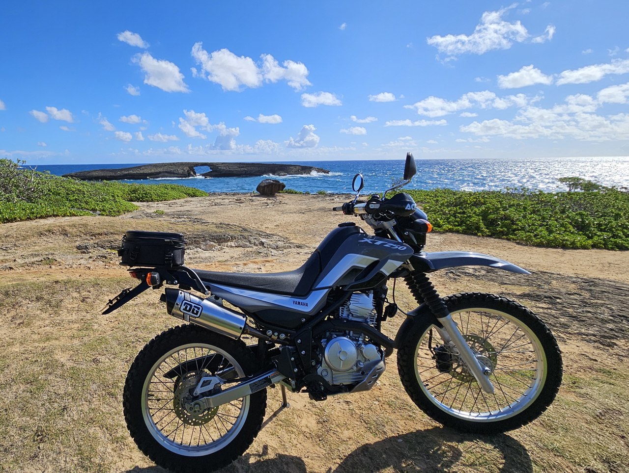 Yamaha XT250 tropical island paradise blue sky